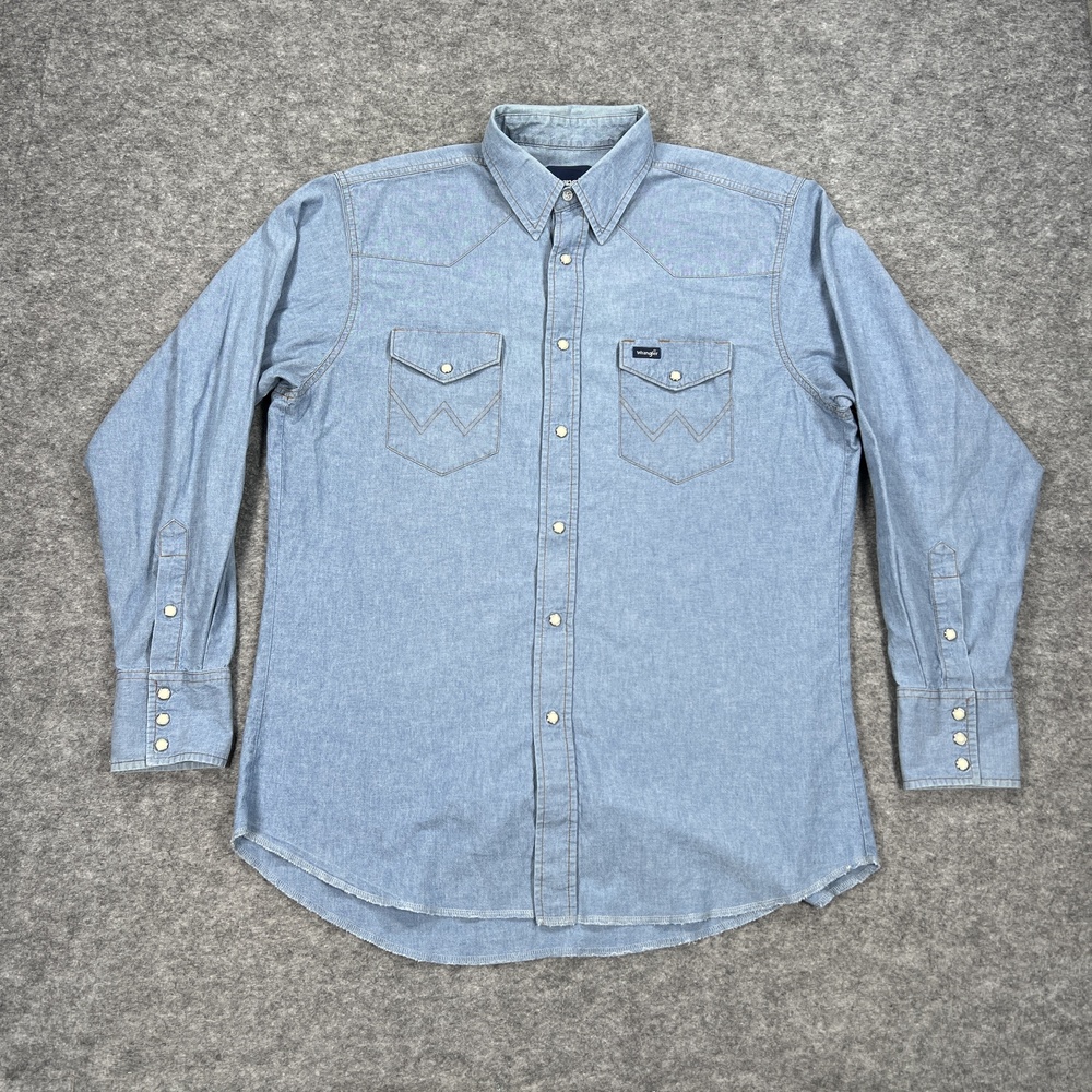 Wrangler Shirt Mens L Blue Chambray Snap Button Long Sleeve Western Cowboy